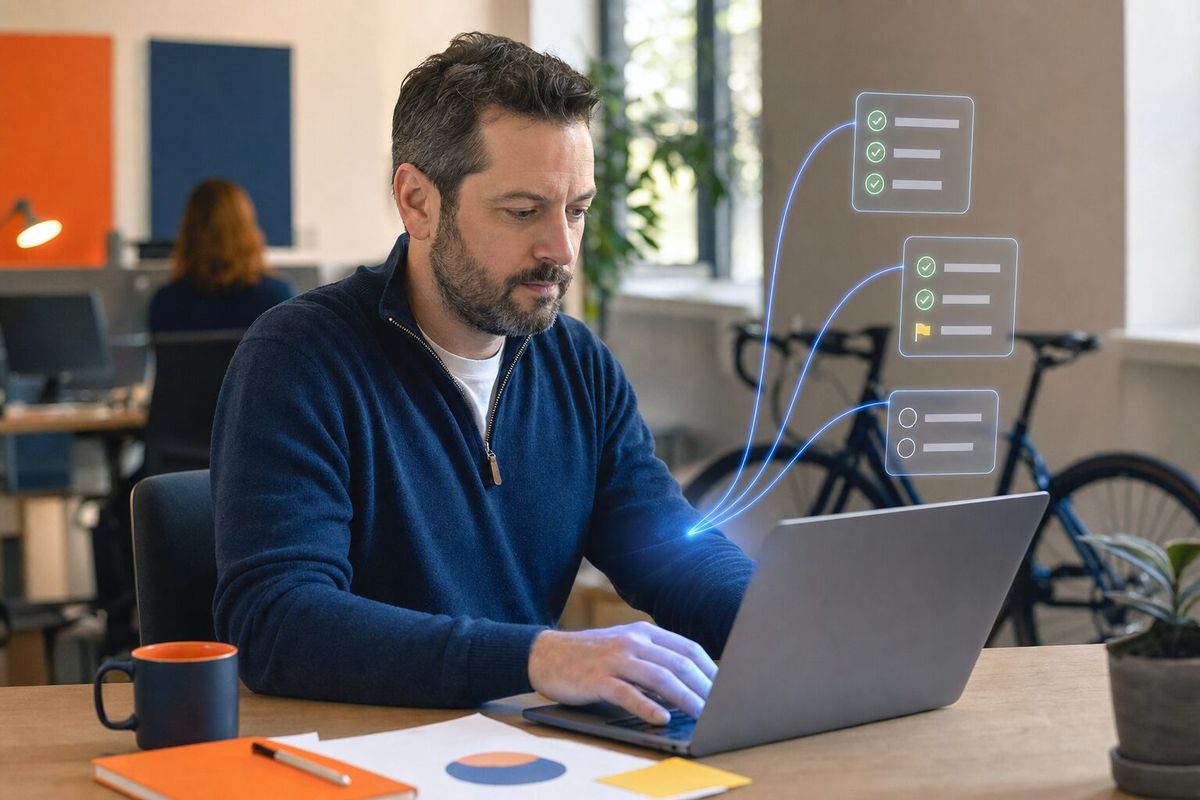 Illustrative photo: the SEO Agent at work for the in-house SEO specialist, laying out results as blue panels above a laptop.