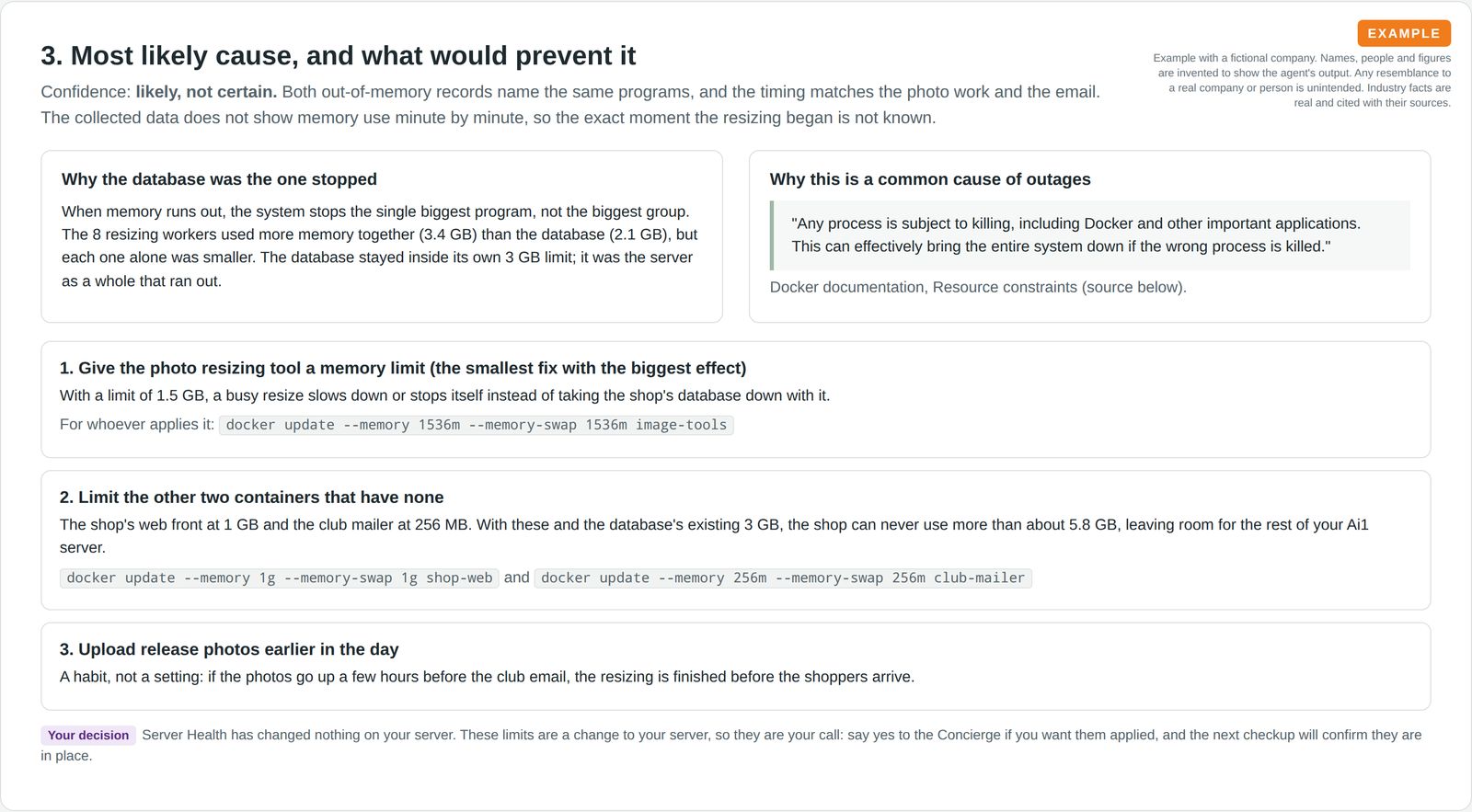 An explanation of why the database was stopped, a cited quote on memory limits and three ranked fixes, with the owner's decision noted.