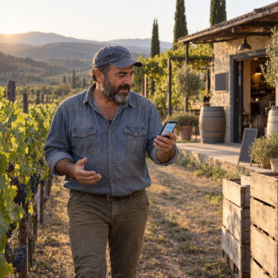 Illustrative photo: the owner of a family vineyard asks the Concierge whether the server is healthy and what happened overnight.