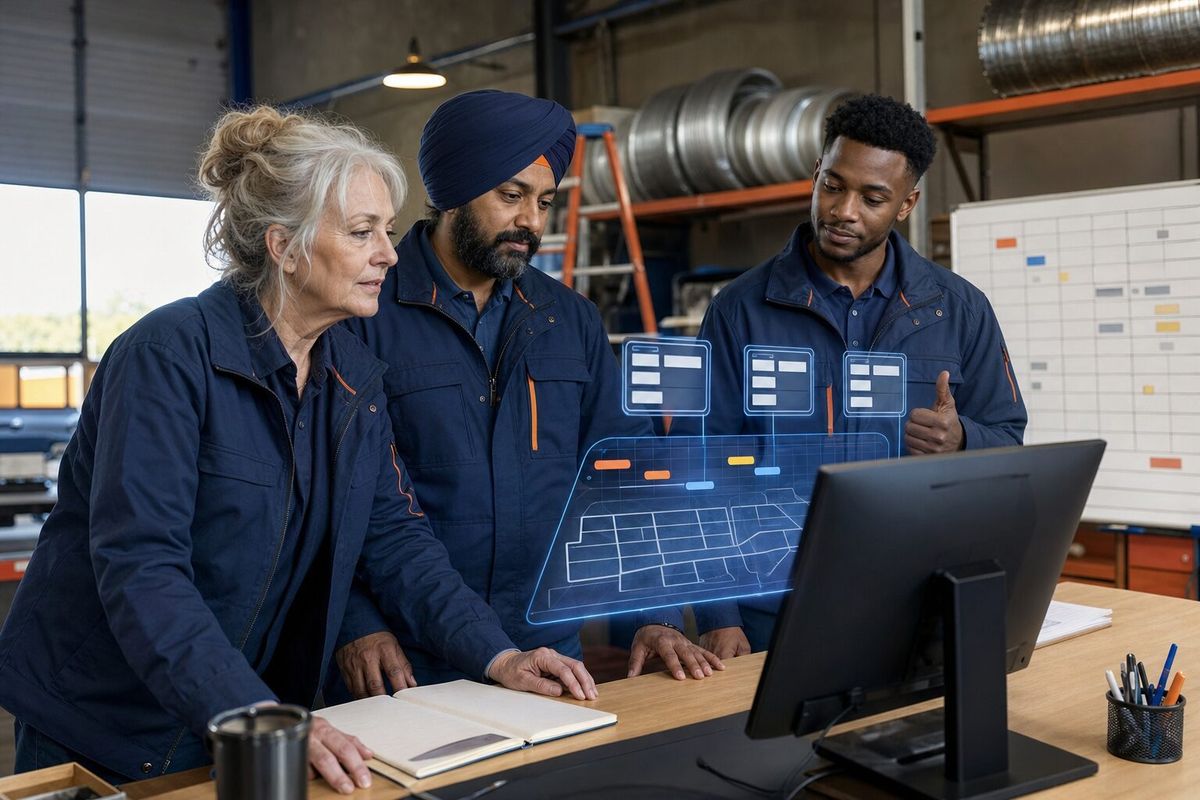 Illustrative photo: the Service Dispatcher at work for the owner, dispatcher and technician of a family-run heating-and-air-conditioning company, laying out results as blue panels above a monitor.