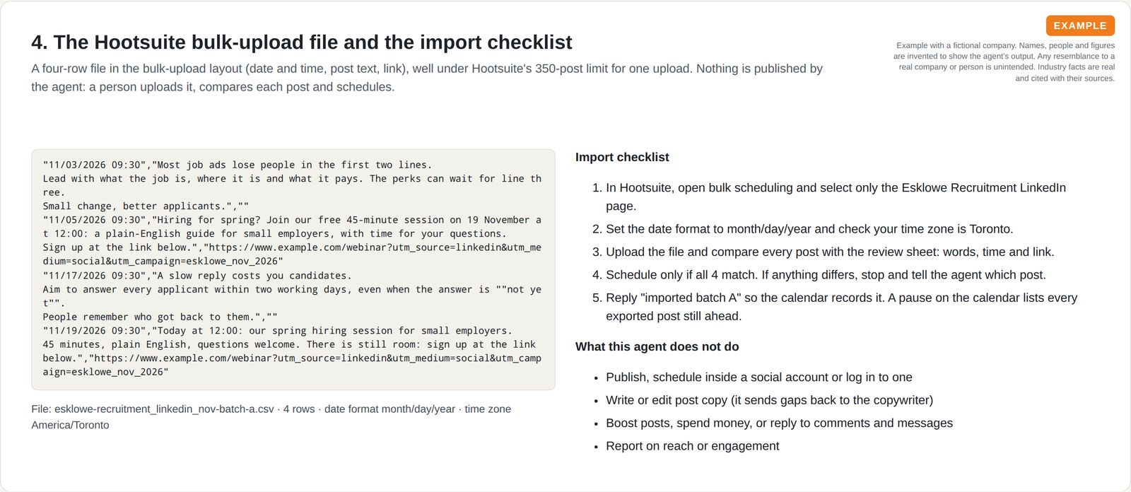Preview of a 4-row bulk scheduling file beside a five-step import checklist and a list of what the agent does not do
