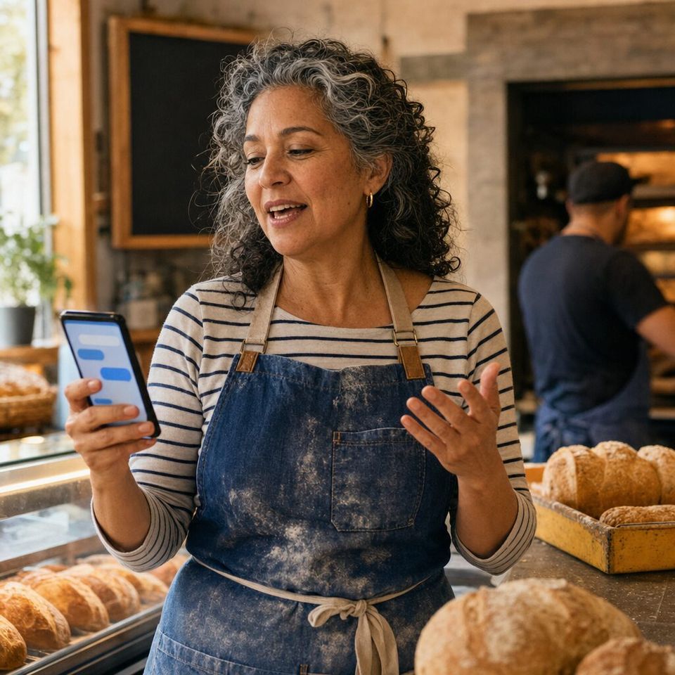 Illustrative photo: the owner of a neighbourhood bakery asks the Social Media Scheduling Agent for help from their phone.