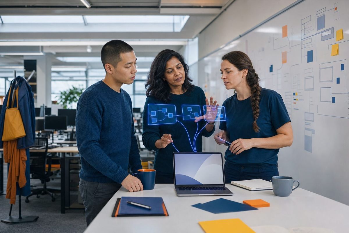 Illustrative photo: the Platform Architect at work for the engineering leads of a software company, laying out results as blue panels above a laptop.