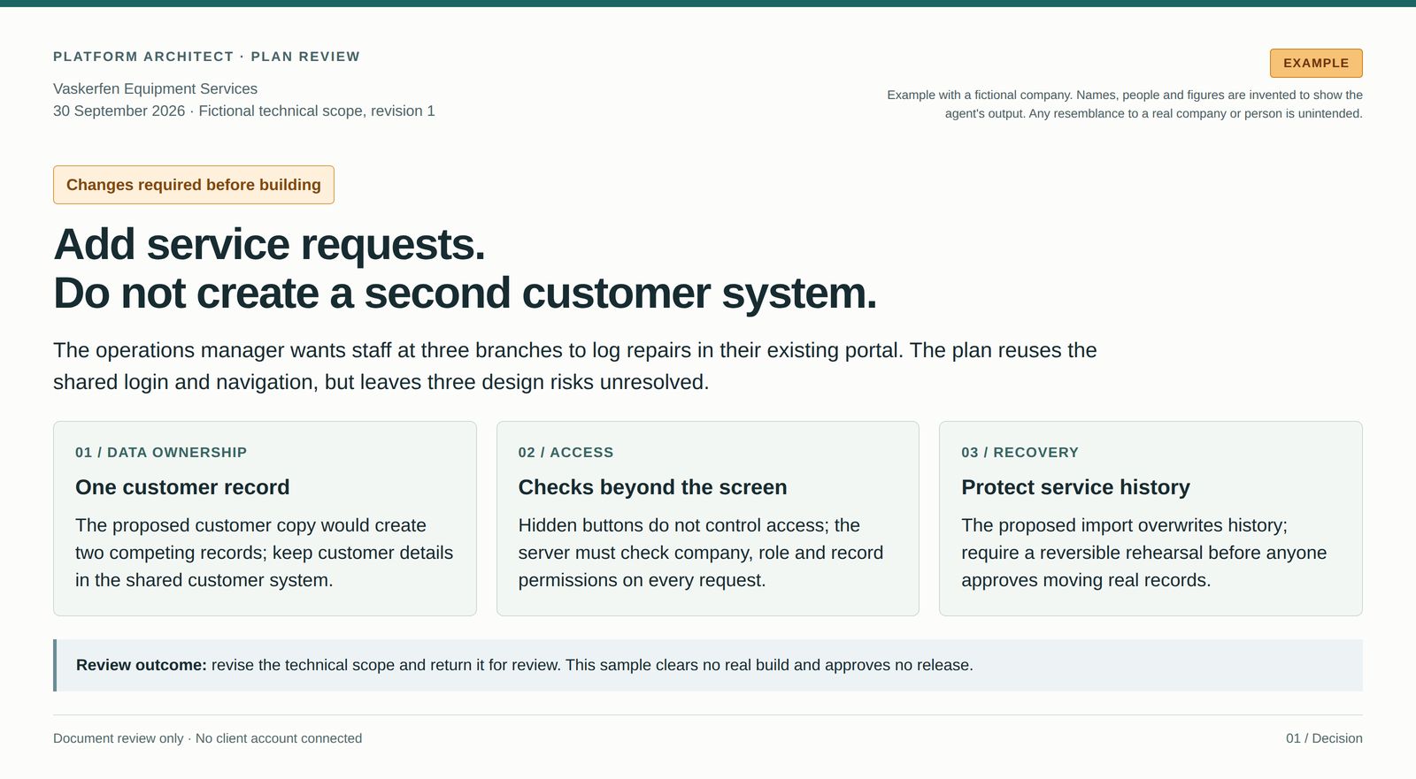 Architecture review summary with three required changes to a fictional service-request plan.