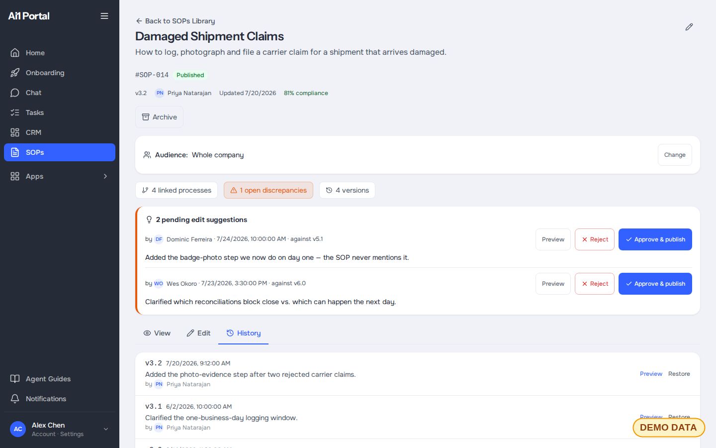 One SOP open on its history tab, listing past versions with the change made, who made it and preview and restore buttons (demo data)
