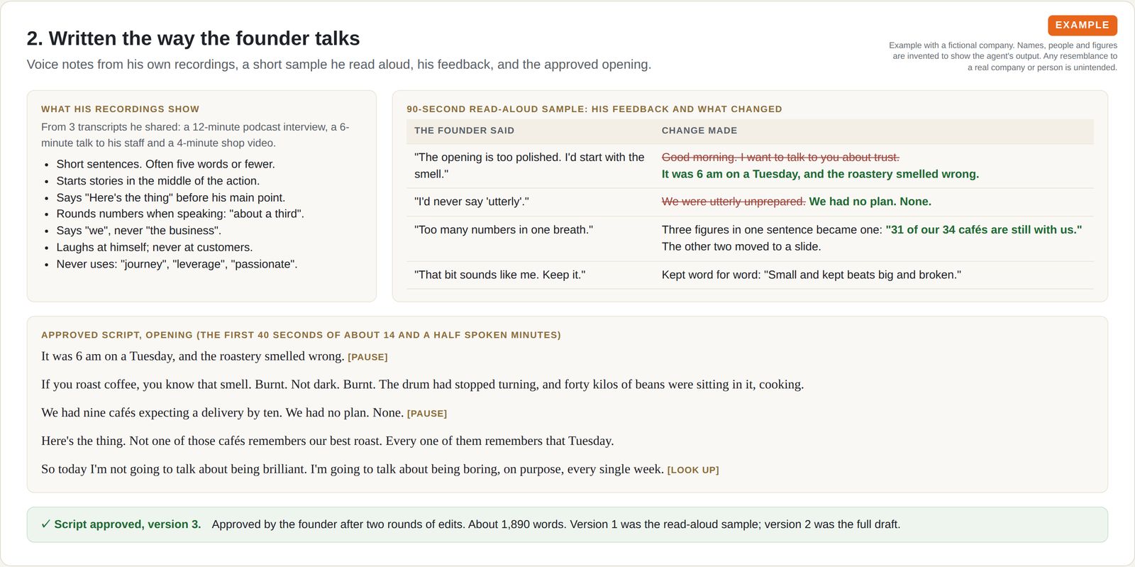 Voice notes from the speaker's recordings, a table of his read-aloud feedback with the line changes made, and the approved opening of the script with pause cues