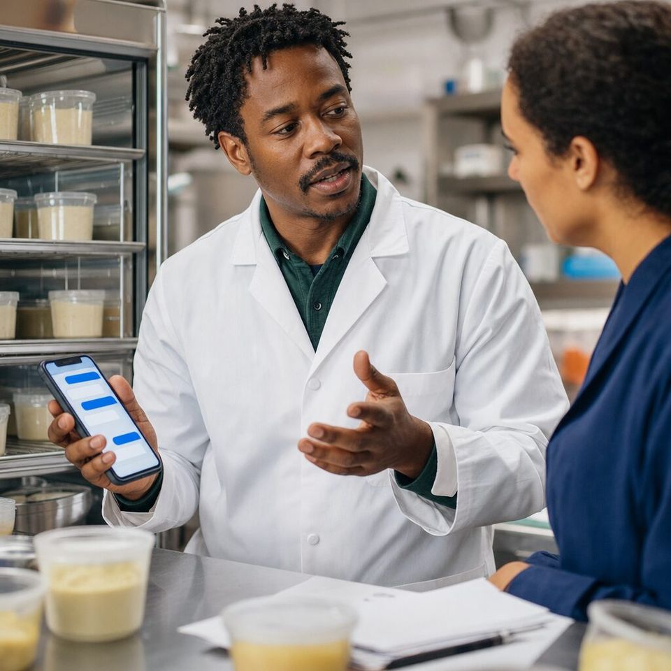 Illustrative photo: the owner of a small food-technology start-up making plant-based cheese asks the SR&ED Tax Credit Expert for help from their phone.