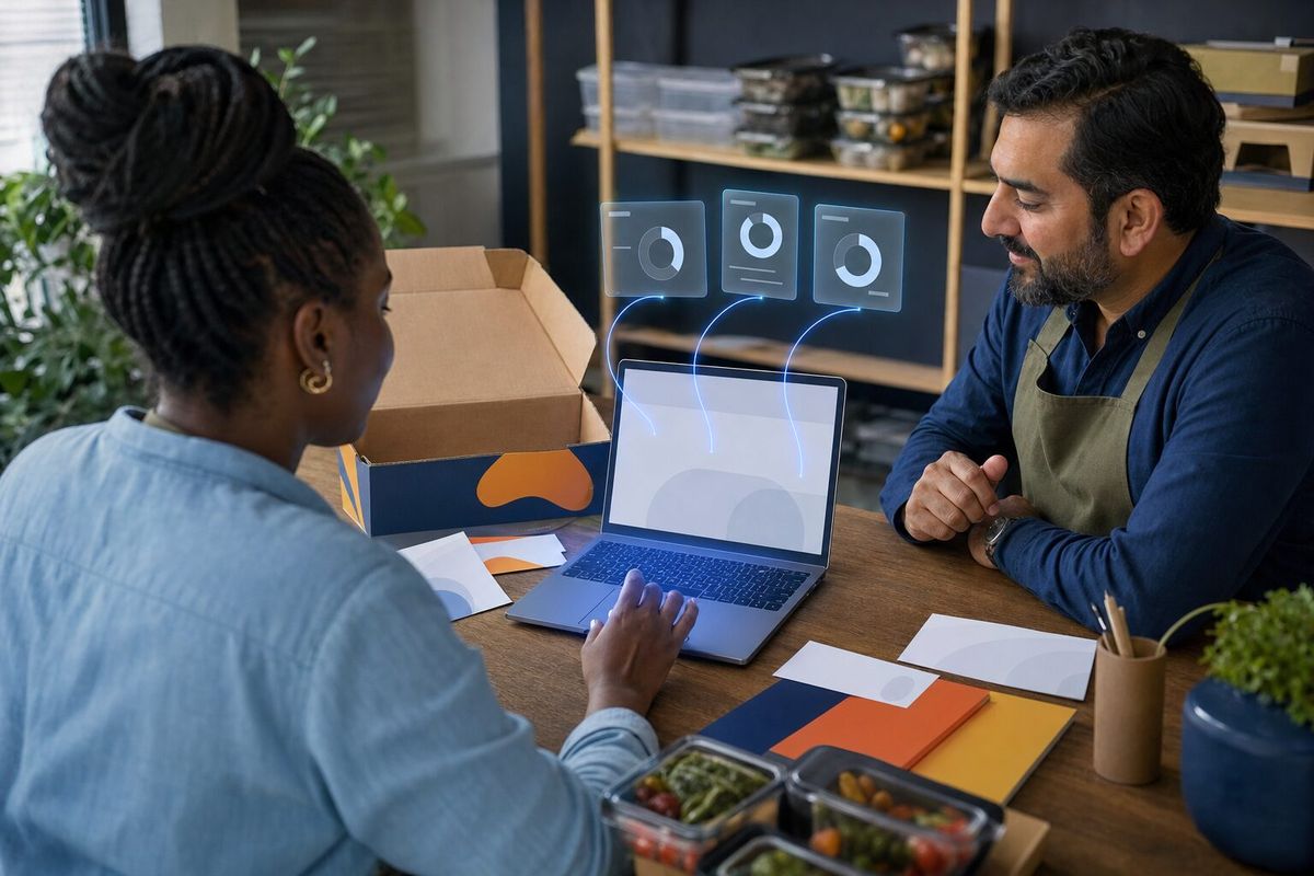 Illustrative photo: the Stripe Expert at work for the owner and subscriptions coordinator of a subscription meal-kit company, laying out results as blue panels above a laptop.