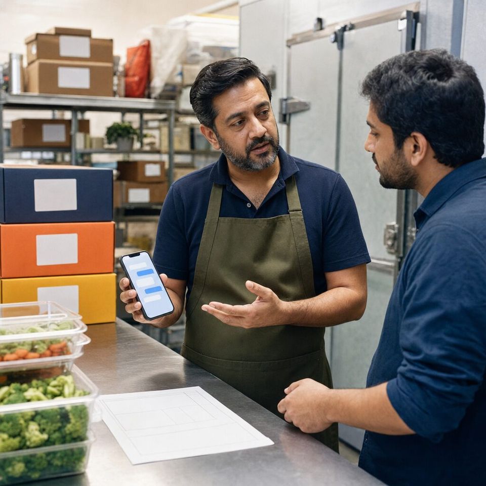 Illustrative photo: the owner of a subscription meal-kit company asks the Stripe Expert for help from their phone.