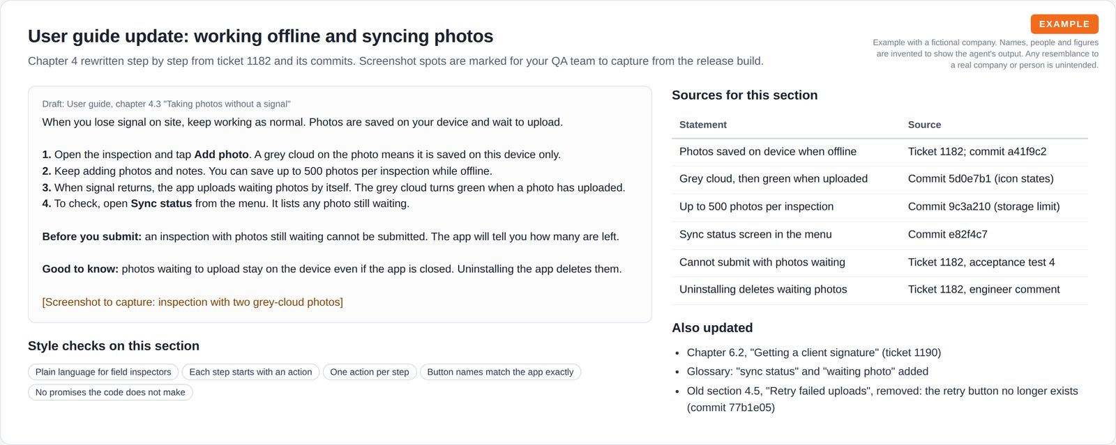 A step-by-step user guide draft about taking photos without a signal, next to a table tracing each statement to a ticket or commit and a list of other guide updates.