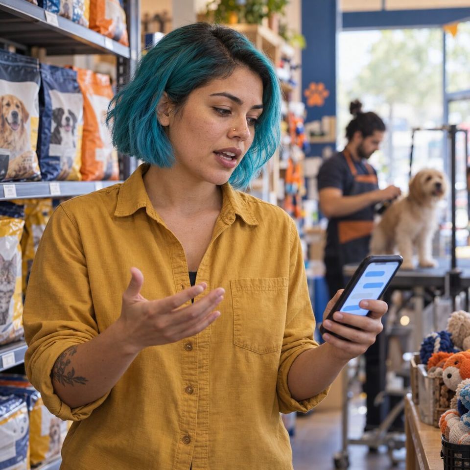 Illustrative photo: the online marketing coordinator of a family-run pet-supplies shop with a web shop asks the TikTok Ads Agent for help from their phone.