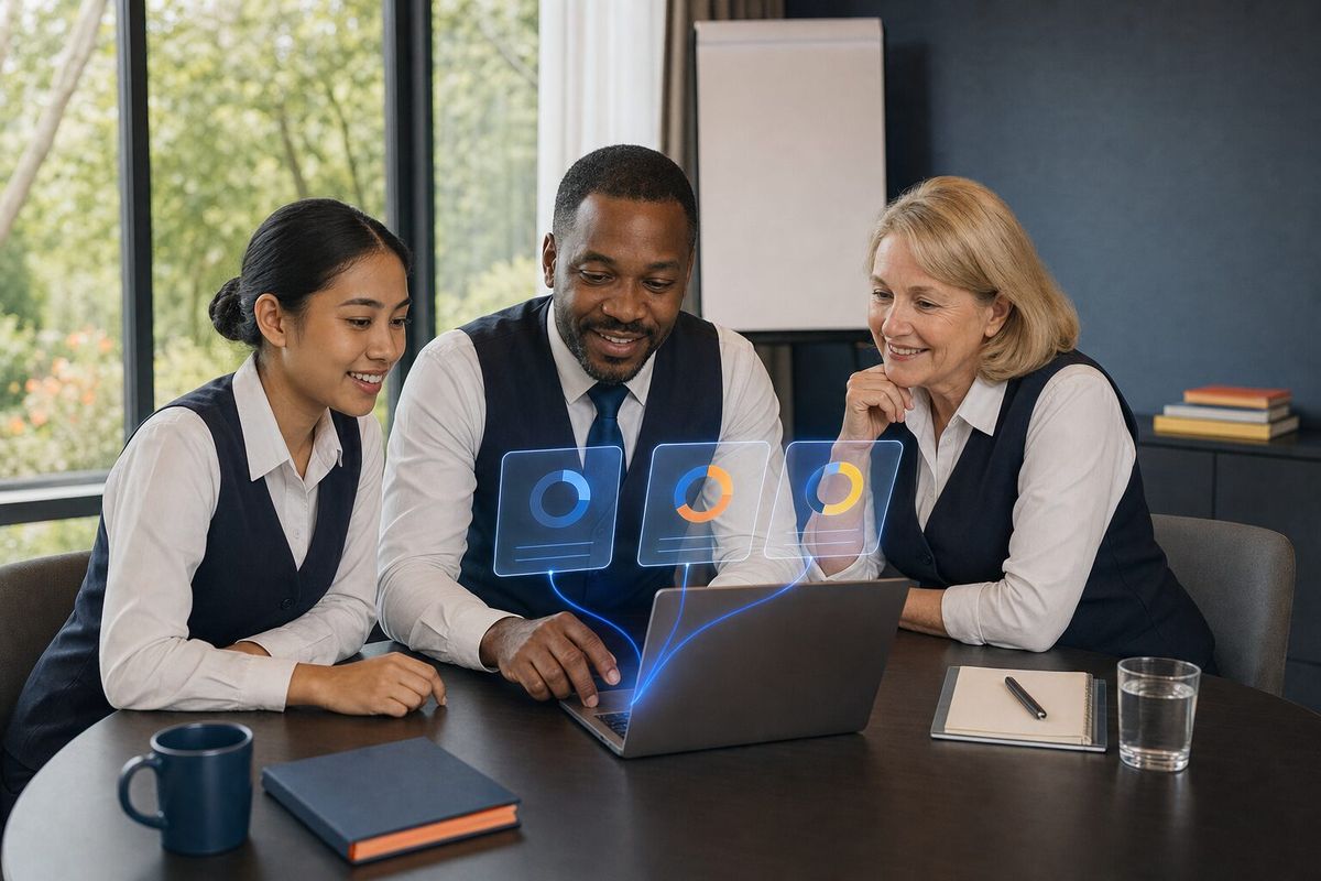 Illustrative photo: the Professor (AI Coach) at work for front-of-house staff in a coaching session, laying out results as blue panels above a laptop.