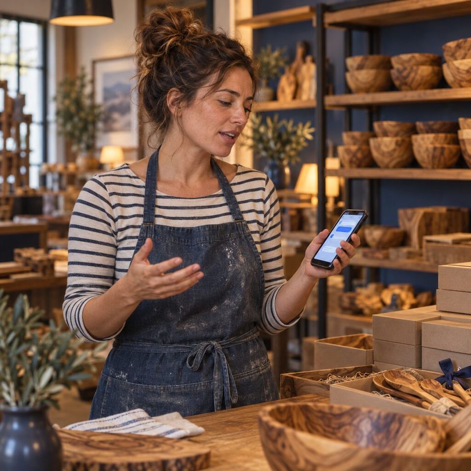 Illustrative photo: the sales manager of a small olive-wood kitchenware exporter asks the Translation Manager for help from their phone.