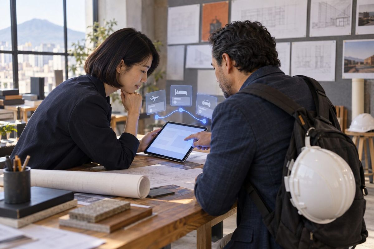 Illustrative photo: the Travel Coordinator at work for a small architecture practice whose team travels to building sites, laying out results as blue panels above a tablet.