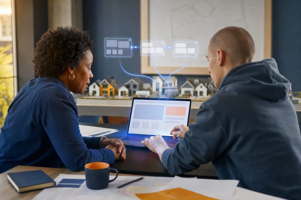 Illustrative photo: the Web Strategist at work for the marketing manager and the developer who will build the new site, laying out results as blue panels above a laptop.
