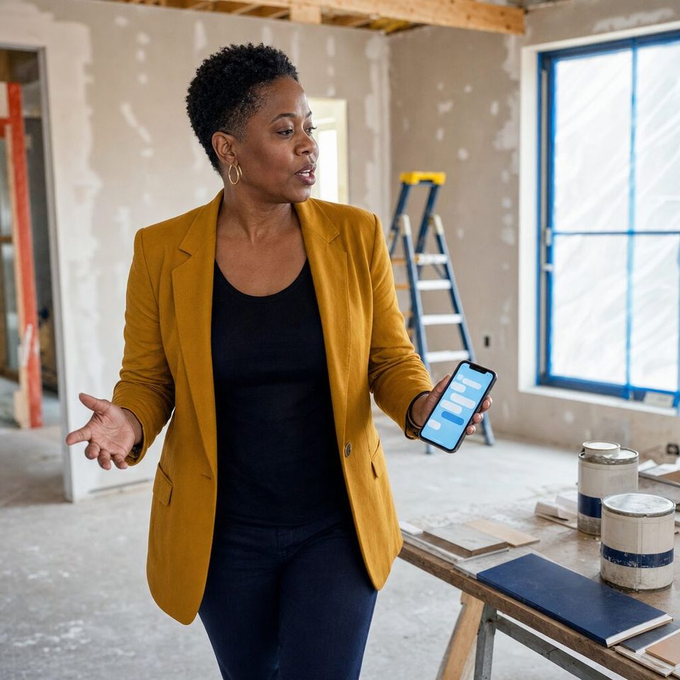 Illustrative photo: the marketing manager of a regional home builder asks the Web Strategist for help from their phone.