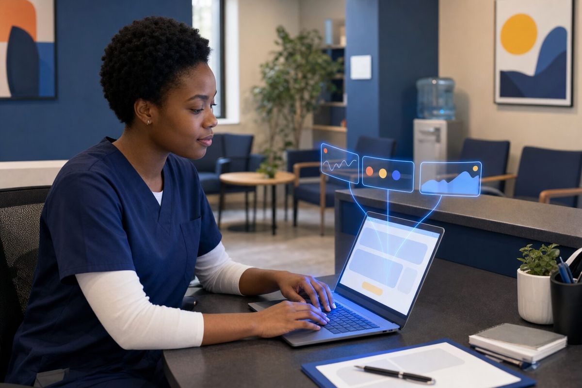 Illustrative photo: the Webmaster at work for the clinic receptionist, laying out results as blue panels above a laptop.