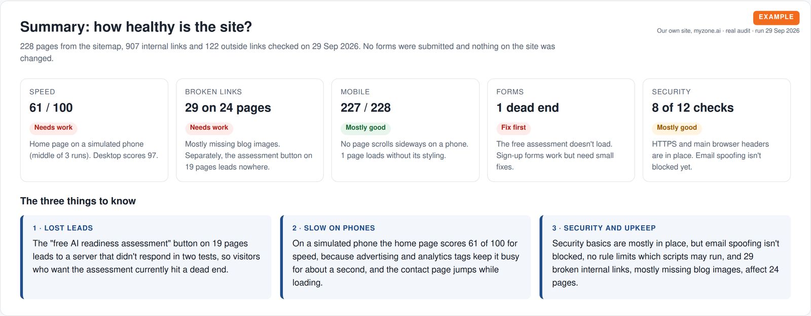 Website health summary with five status tiles for speed, broken links, mobile, forms and security, plus the three main findings