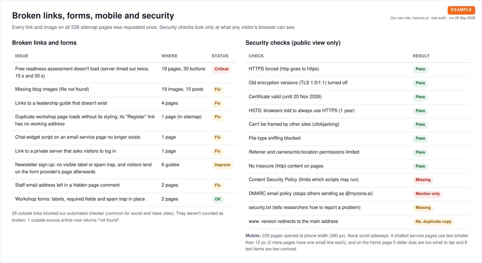 Table of broken links and form issues with page counts, next to a twelve-point security checklist showing passes and gaps