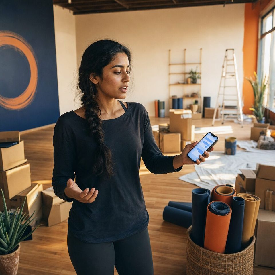 Illustrative photo: the founder of a new yoga studio asks the Website Builder for help from their phone.