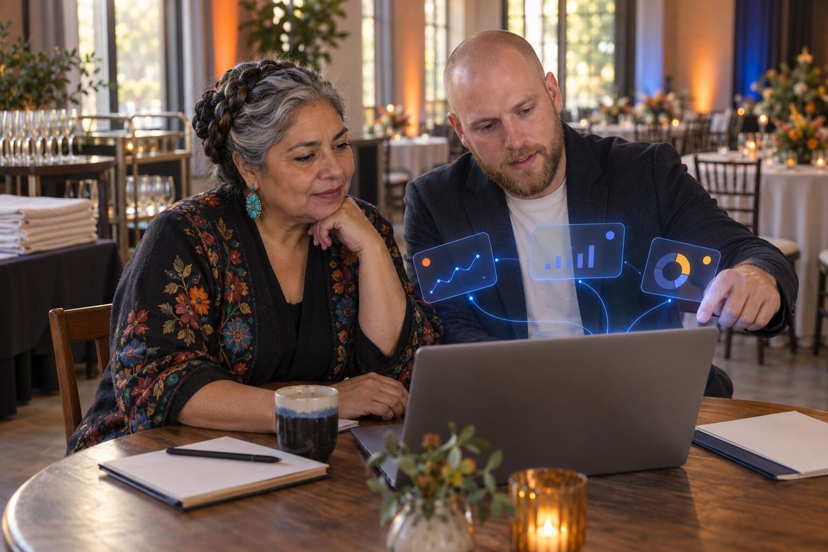 Illustrative photo: the Website Monitoring Manager at work for the people who run a small events venue, laying out results as blue panels above a laptop.