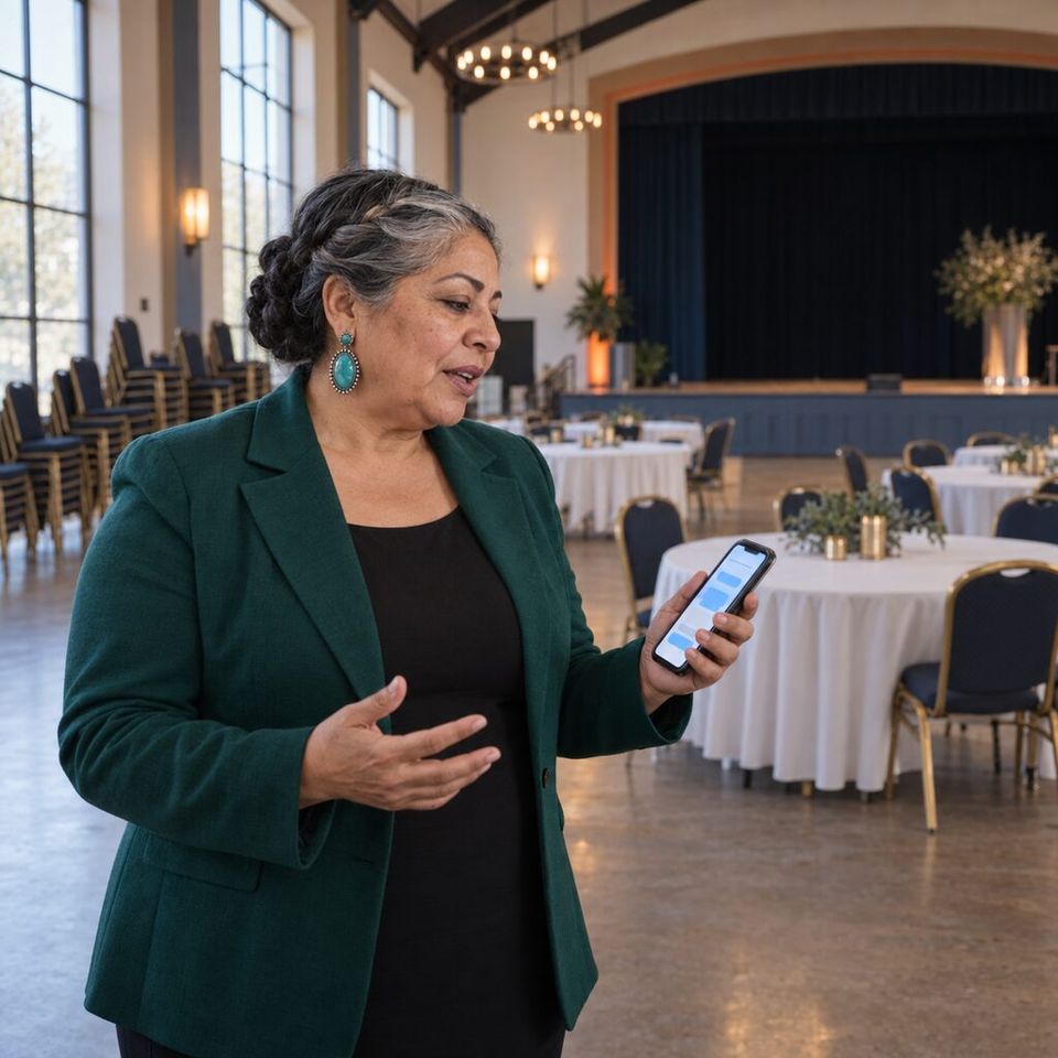 Illustrative photo: the owner of a small events venue that takes bookings through its website asks the Website Monitoring Manager for help from their phone.
