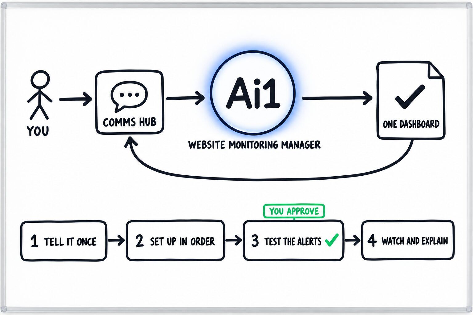 How the Website Monitoring Manager works: you ask through the Comms Hub and Ai1 runs the steps: tell it once, set up in order, test the alerts and watch and explain. You approve at: test the alerts. It returns a one dashboard.