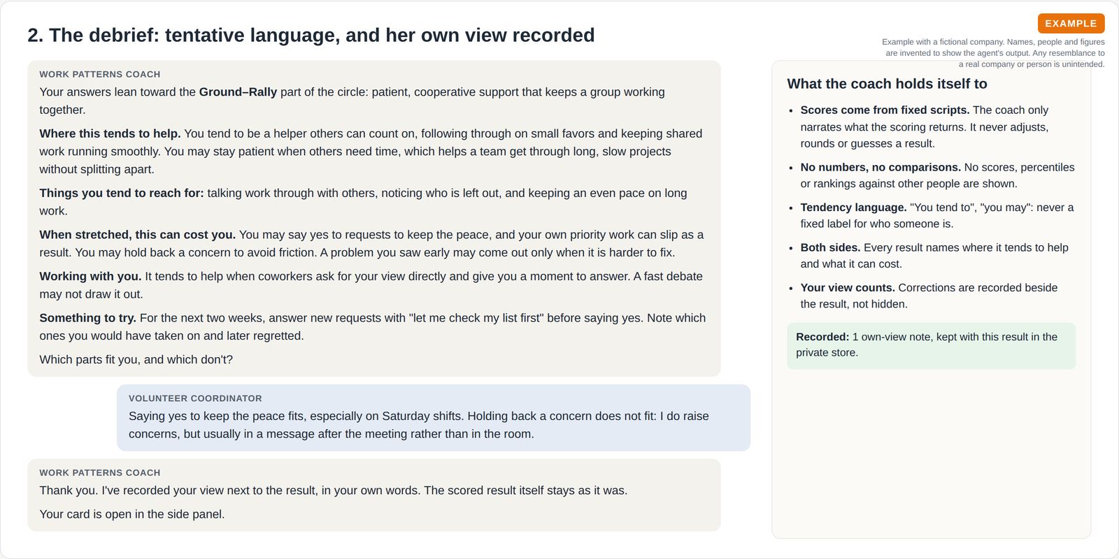A chat debrief in tentative language covering where a work style tends to help, what it can cost, working with you and one experiment, followed by the person's own correction being recorded.