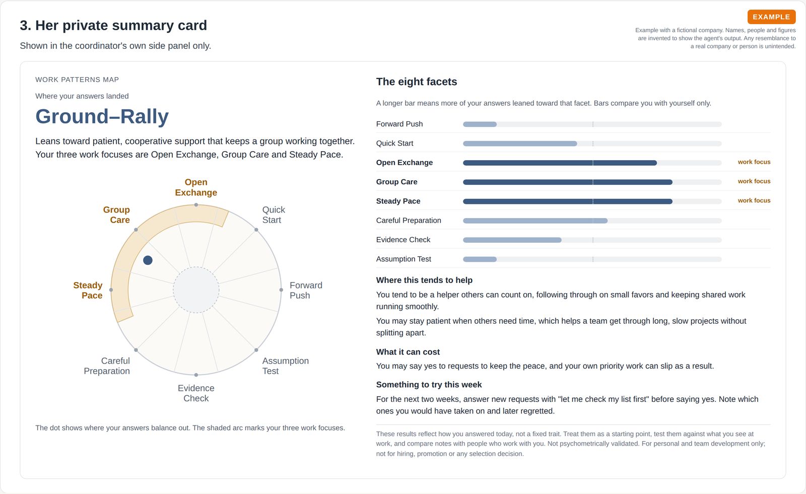 A summary card showing a circle of eight work habits with a dot in the patient, cooperative region, eight facet bars with three marked as work focuses, and short notes on strengths, costs and something to try.