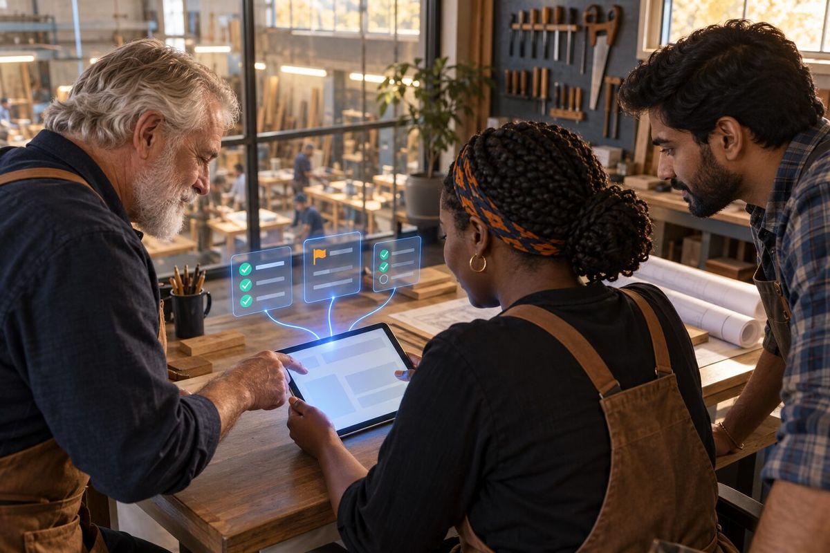 Illustrative photo: the Workplace Safety Manager at work for the owner, foreman and apprentice of a small joinery workshop, laying out results as blue panels above a tablet.