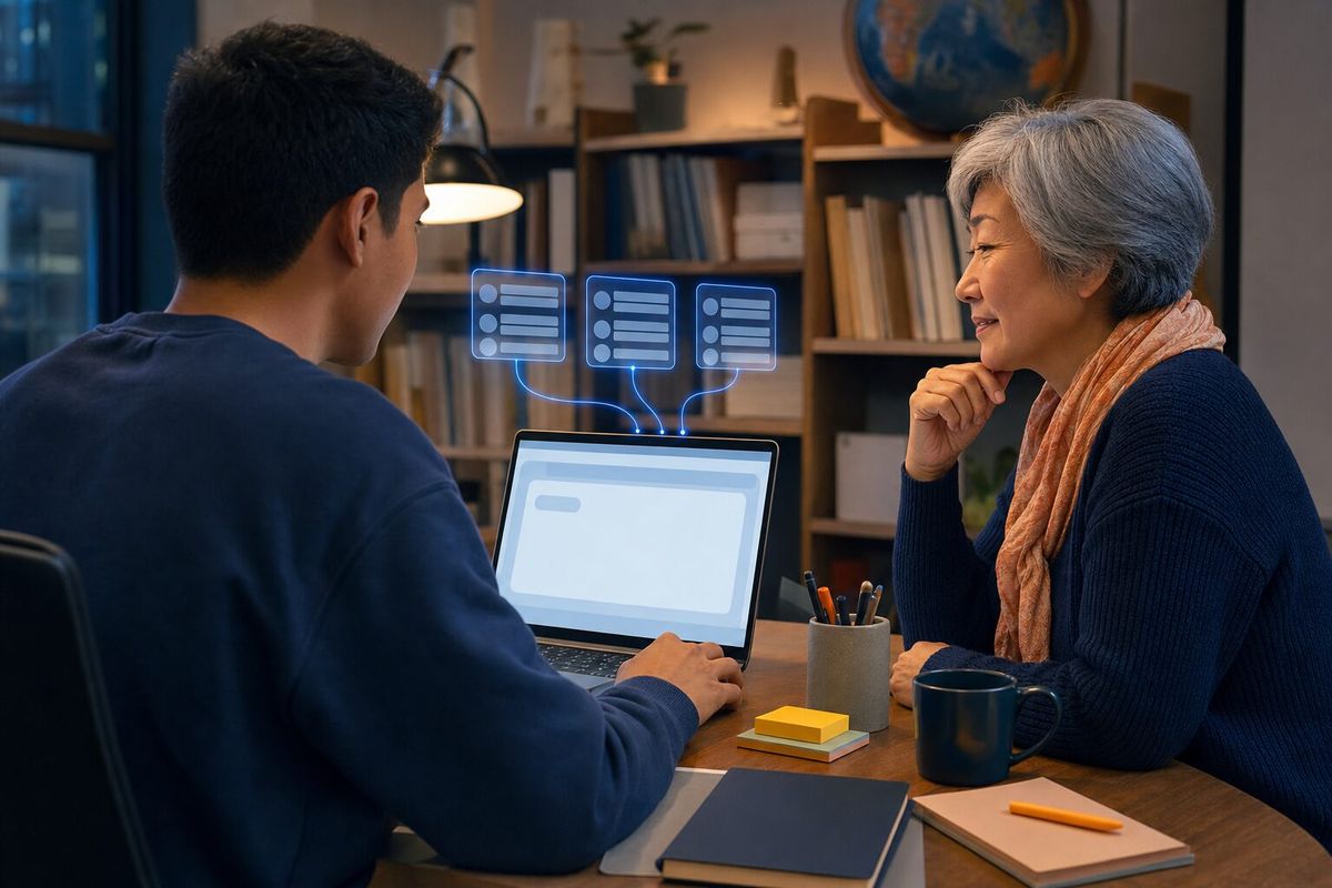 Illustrative photo: the Zoom Admin at work for the team at a tutoring company that teaches online, laying out results as blue panels above a laptop.