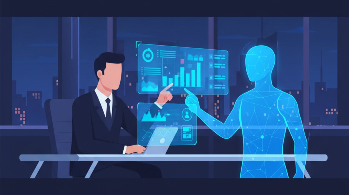 AI assistant working with a team member on a computer