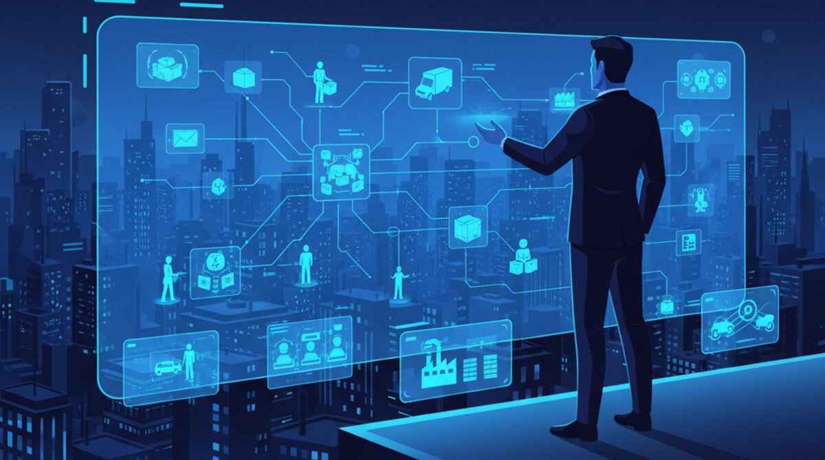 Entrepreneur focusing on strategic vision with AI handling routine tasks