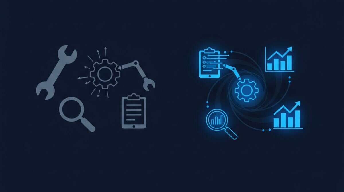 Digital illustration showing transformation from passive static tools to active glowing AI teammates working in coordinated flow