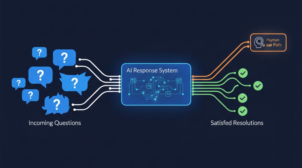 Digital illustration of intelligent auto-reply system matching incoming questions with AI responses and routing complex ones to humans