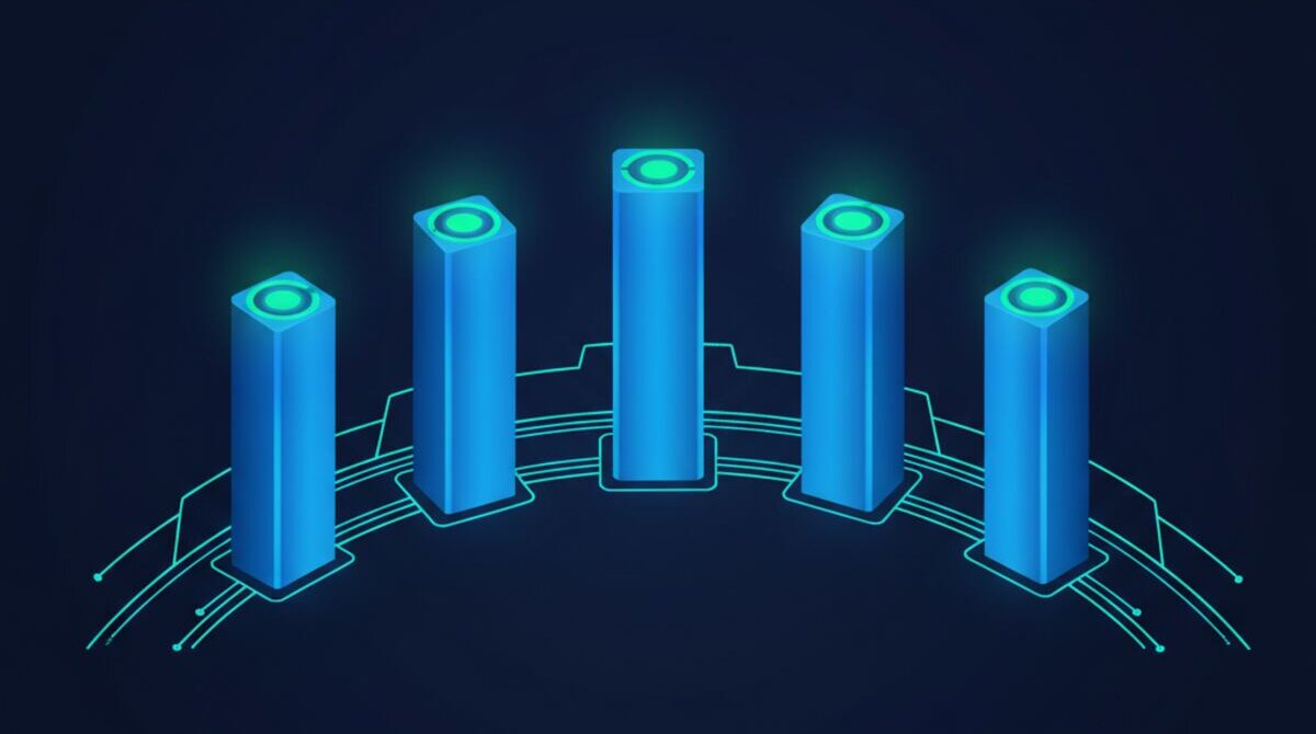 Digital illustration of six glowing pillars of automated EOS tracking with data flowing between them