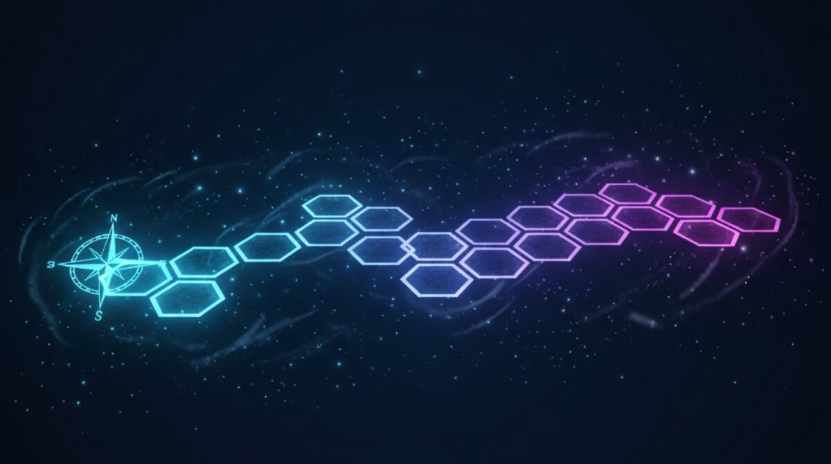 Digital illustration of illuminated stepping stones on an AI implementation journey with compass wayfinding element