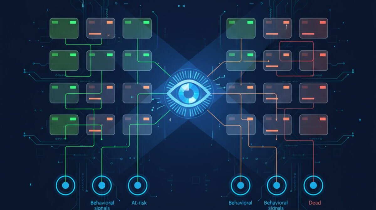 Digital illustration of AI scanning deal health signals across a grid of opportunity cards