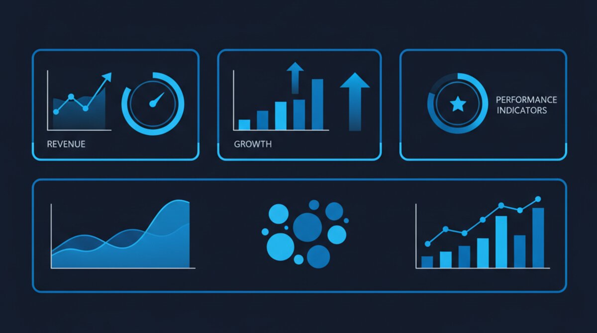 Business analytics dashboard showing financial metrics, charts and performance indicators