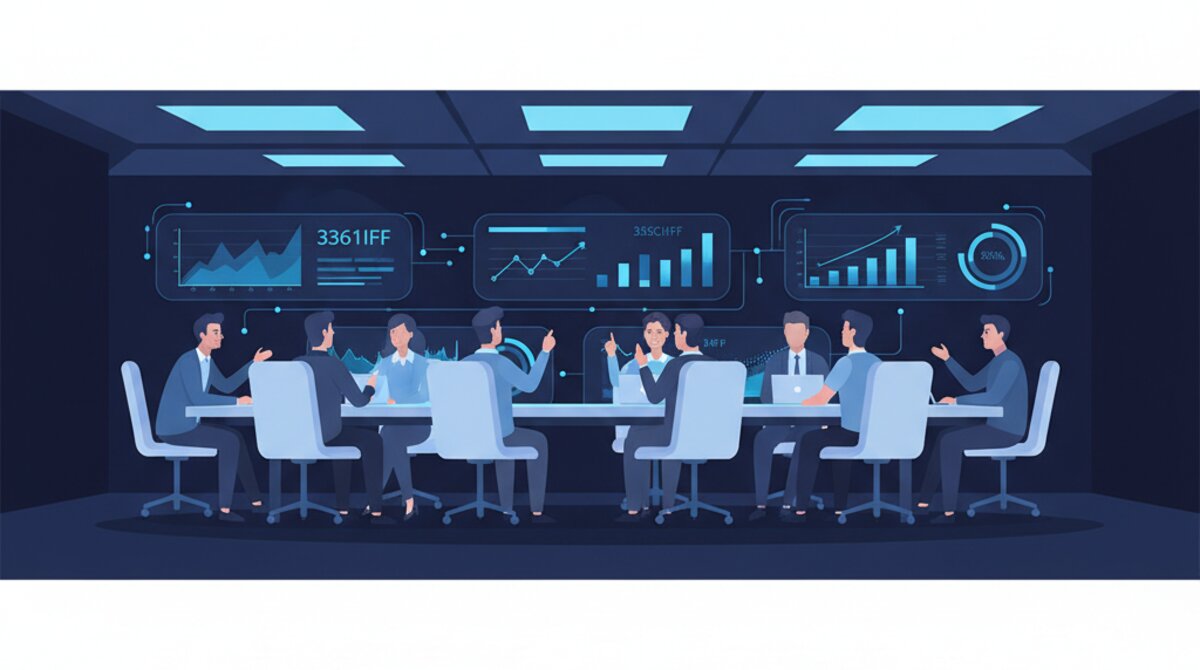 Business meeting with team reviewing analytics, reports and strategic performance metrics