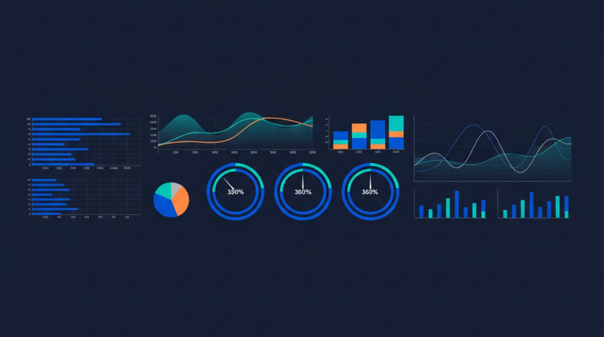Data visualization dashboard with charts, graphs and key performance indicators displayed