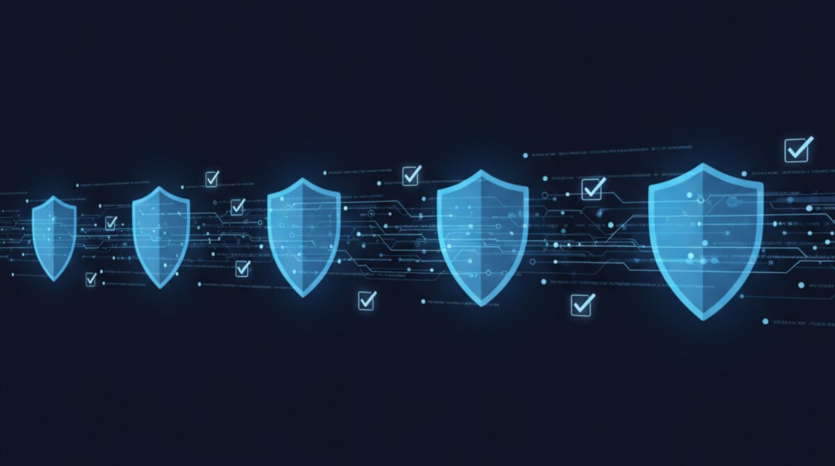 Data protection visualization with security shields and checkmarks on digital interfaces