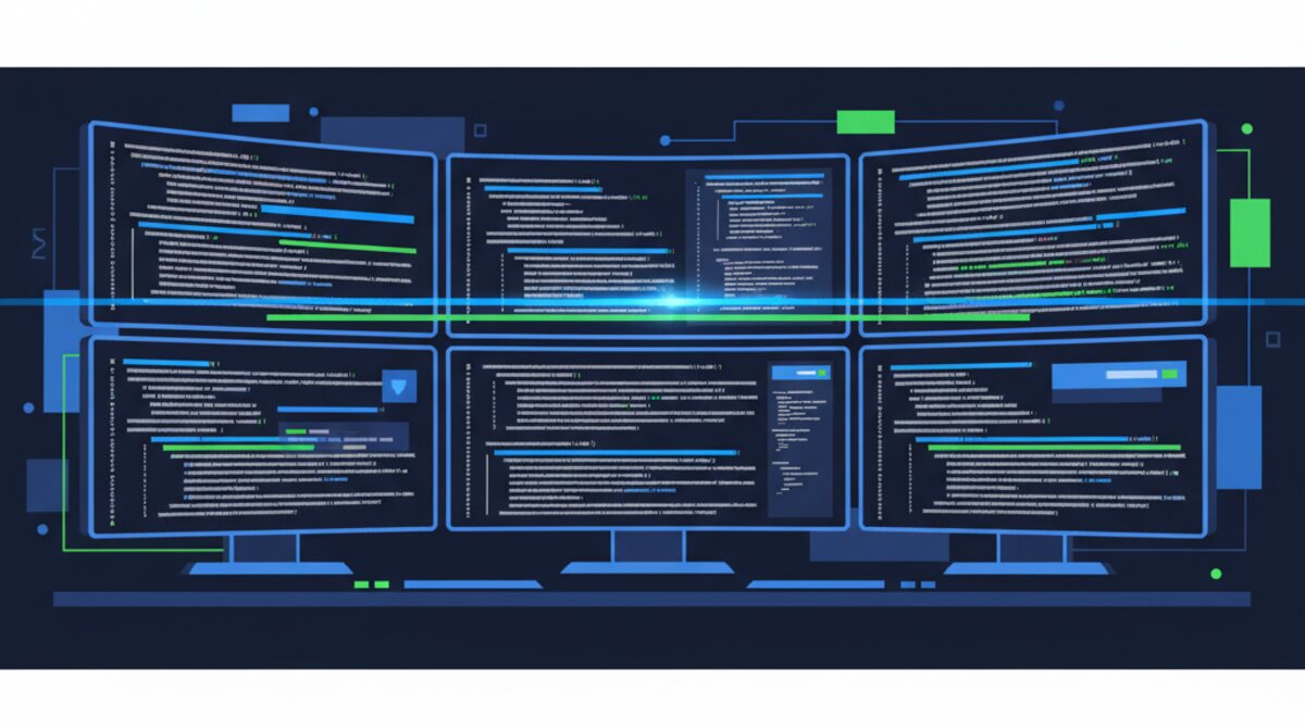 Security analyst reviewing code on multiple computer screens in dark room