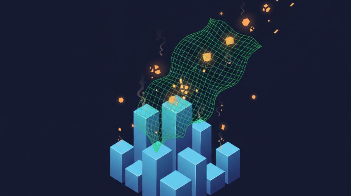 Digital illustration of tribal knowledge fragments floating away from a business structure being caught by an AI preservation net