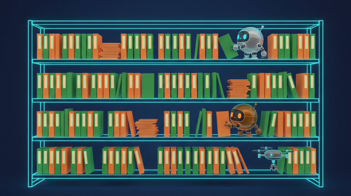 Digital illustration of a living self-updating SOP library with documents automatically rewriting themselves