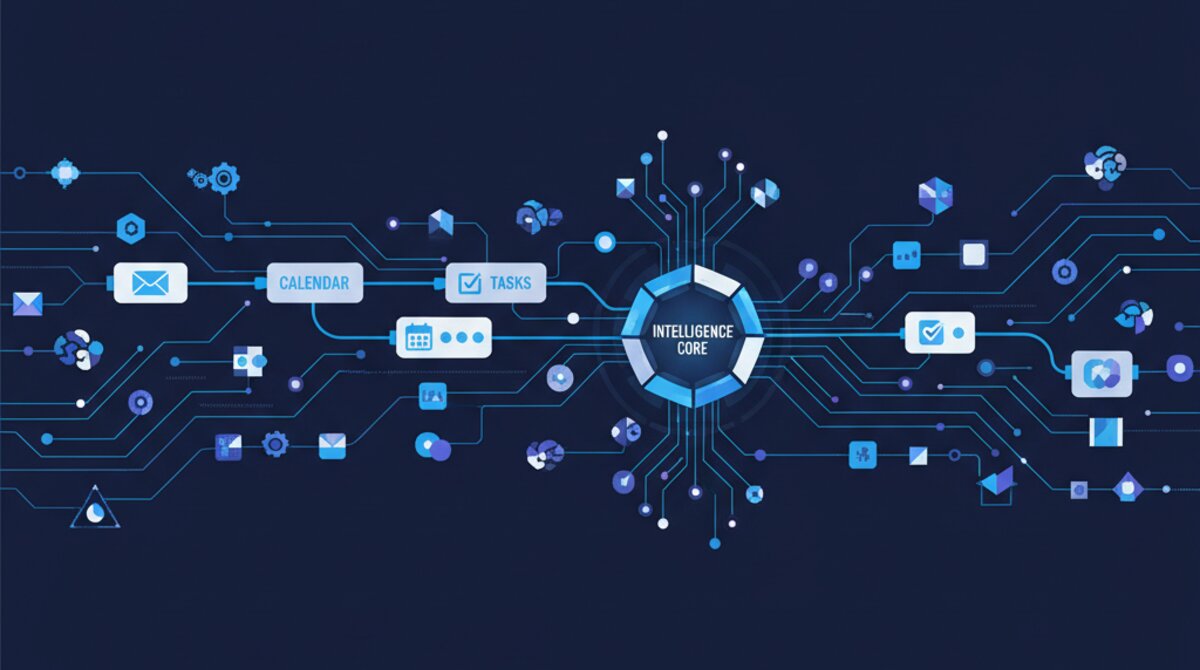 Digital illustration of a multi-agent AI platform with specialized modules arranged around a central orchestration hub