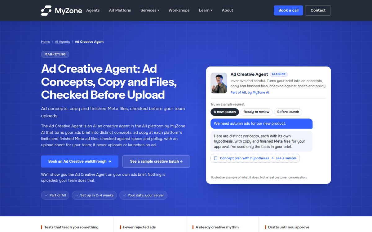 An AI agent profile page on myzone.ai showing what the agent does and sample work