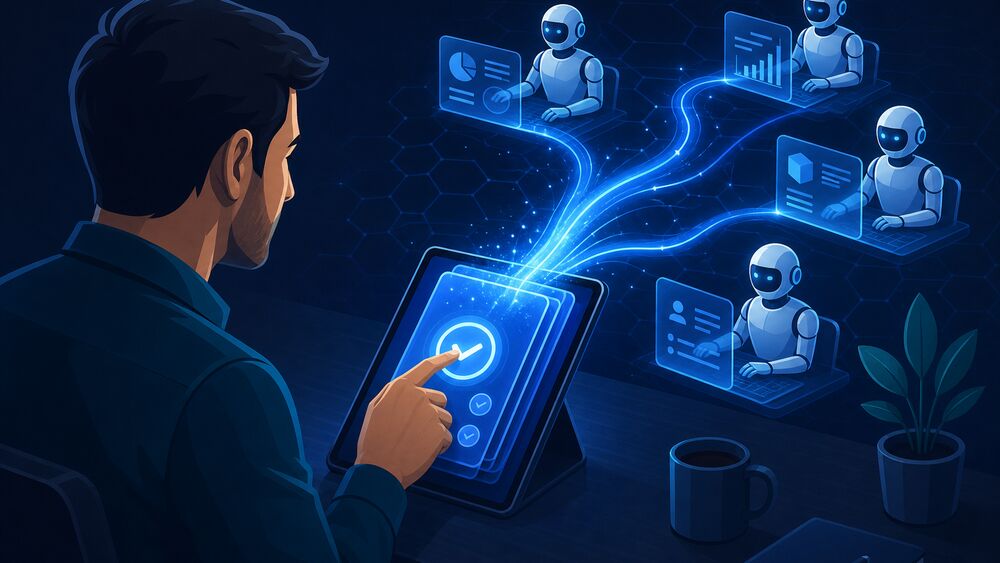 Illustration of a person tapping approve on a tablet while AI agents work in the background