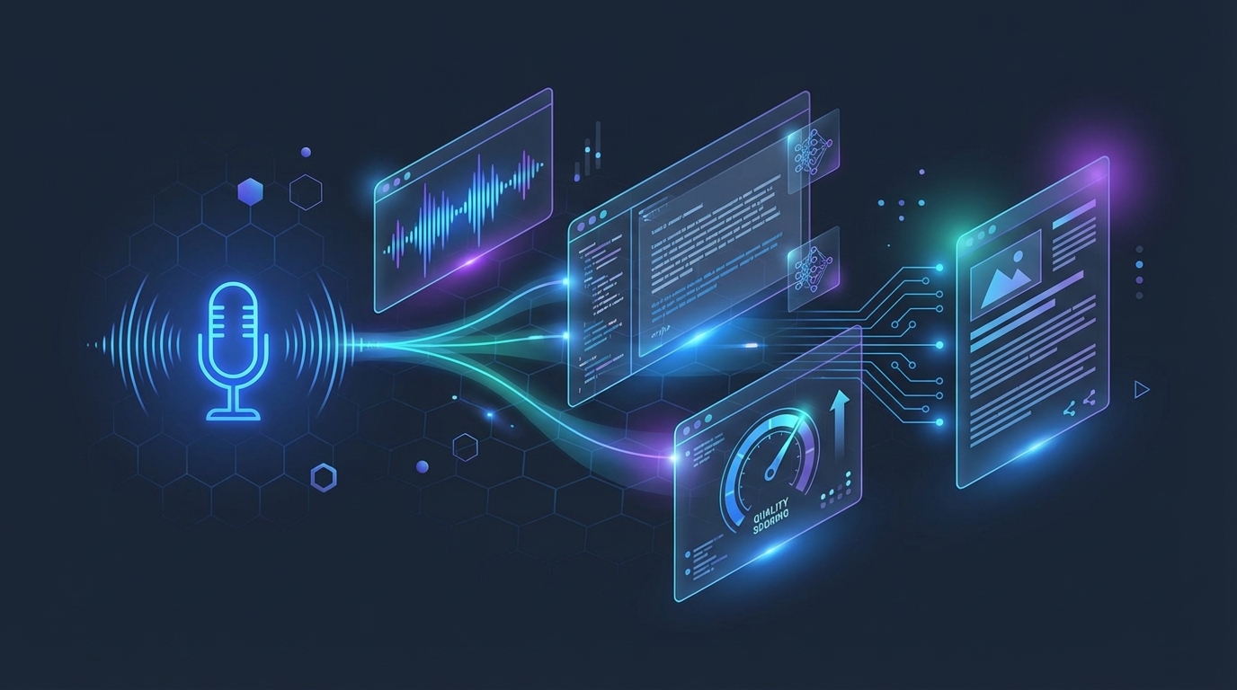 AI content pipeline visualization showing interview to published article workflow