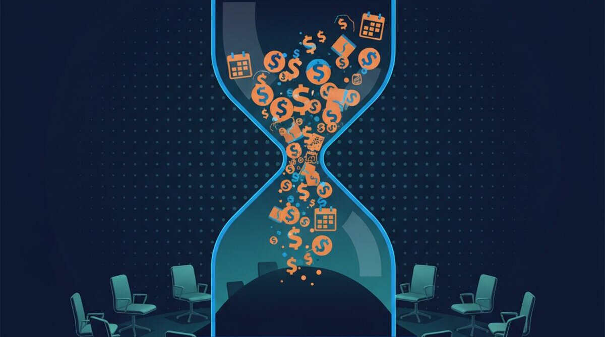 Digital illustration of an hourglass draining dollar signs and calendar icons into a void, representing the hidden cost of unproductive meetings